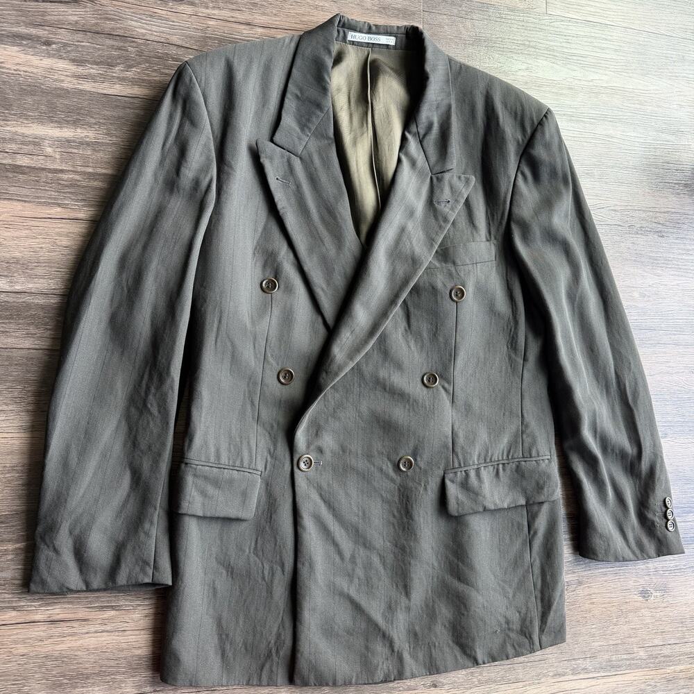 Hugo Boss Double Breasted Blazer Mens 40R Olive Pinstripe USA Made Sport Coat